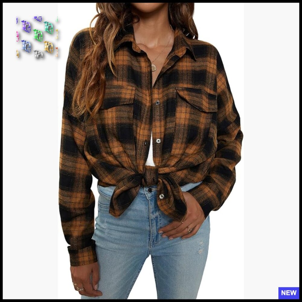 Oversized Button Down Flannel Shacket Plaid Work … - image 1